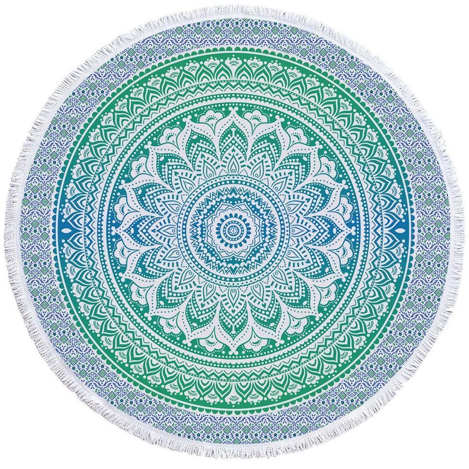 Mandala Wheel Greenish Printed Round Beach Towel