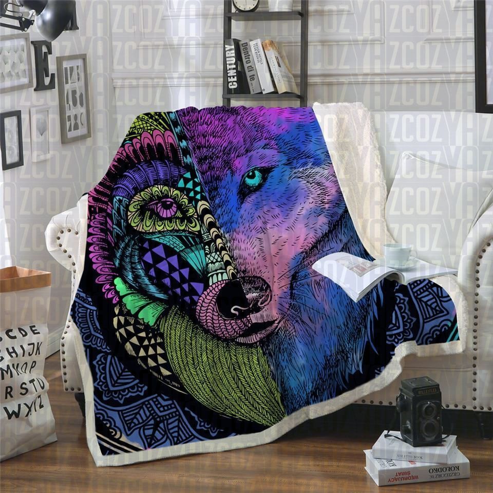 Mandala Wolf Sherpa Fleece Blanket