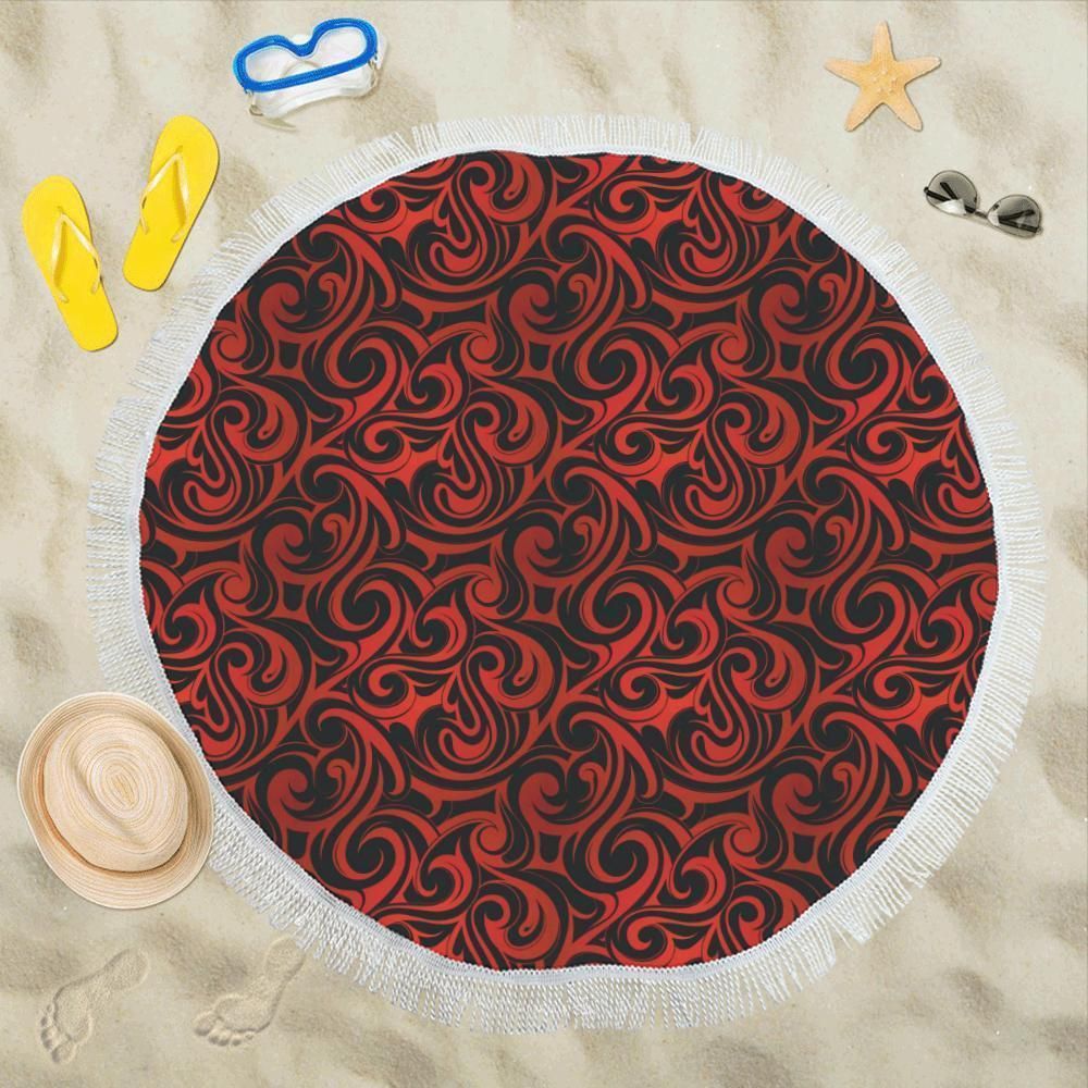 Maori Red Black Themed Design Round Beach Towel