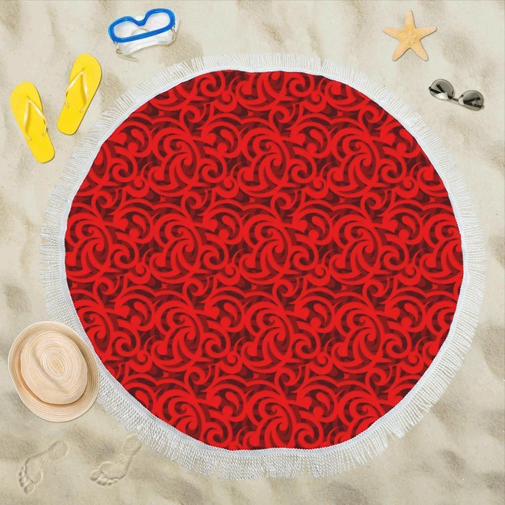 Maori Red Themed Design Print Round Beach Towel