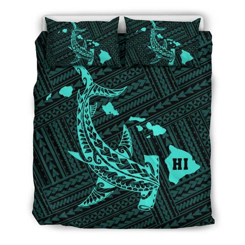 Map Hamerhead Shark Polynesian Turquoise Bedding Set