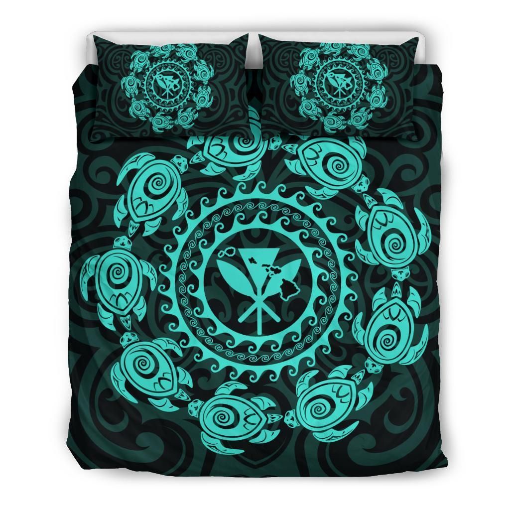 Map Kanaka Turtles Circle Style Turquoise Polynesian Bedding Set