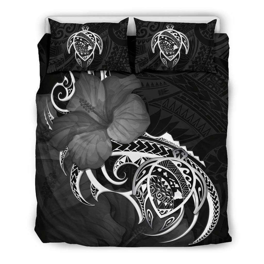 Map Turtle Hibiscus Divise White Polynesian Bedding Set