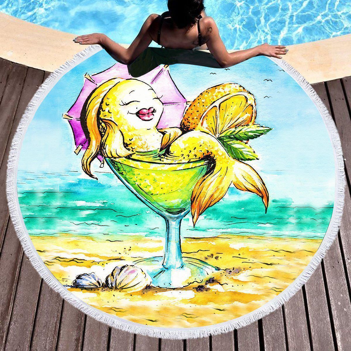 Margarita Mermaid Relaxing Time On Beach Printed Round Beach Towel