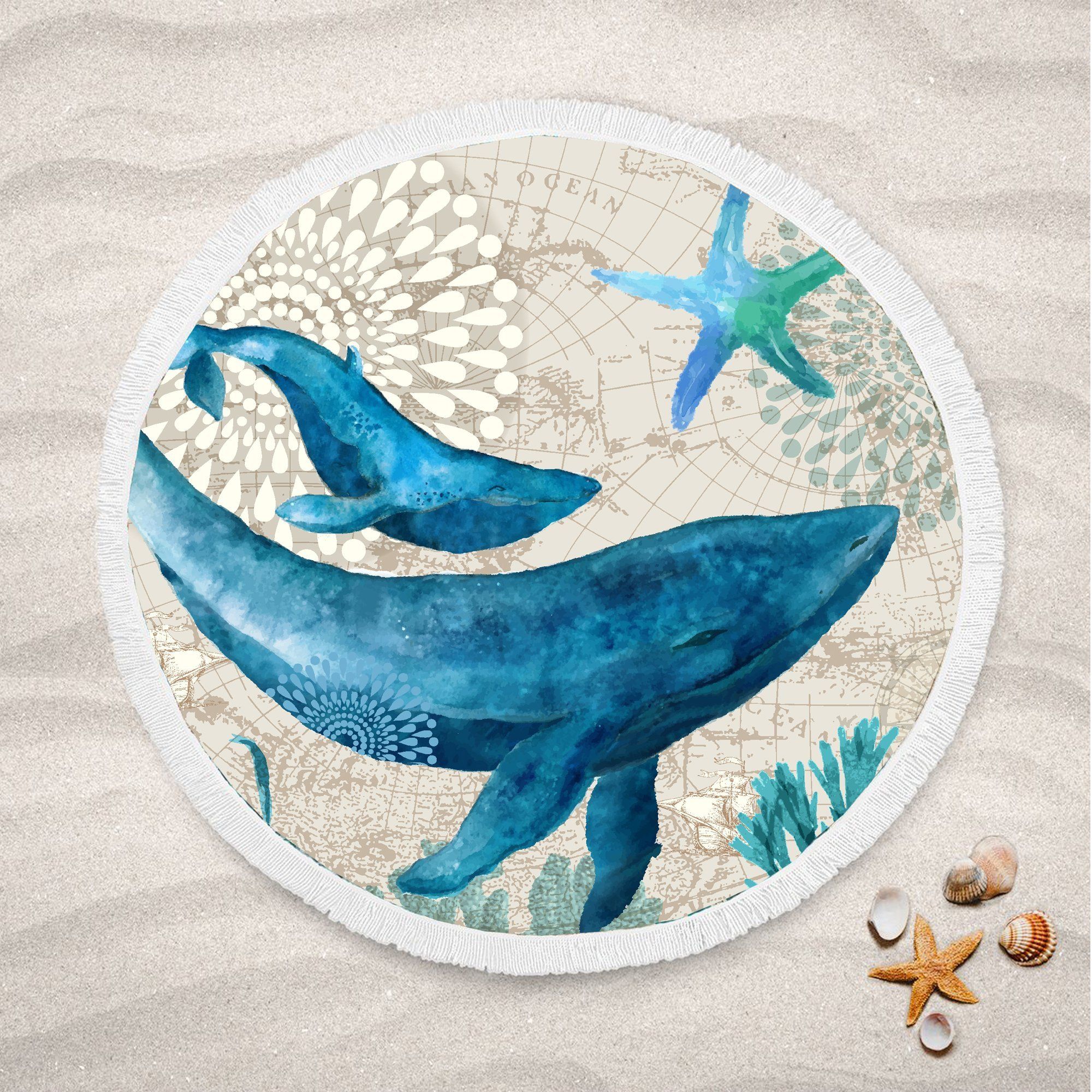 Marina Whale And Starfish Pattern Printed Round Beach Towel