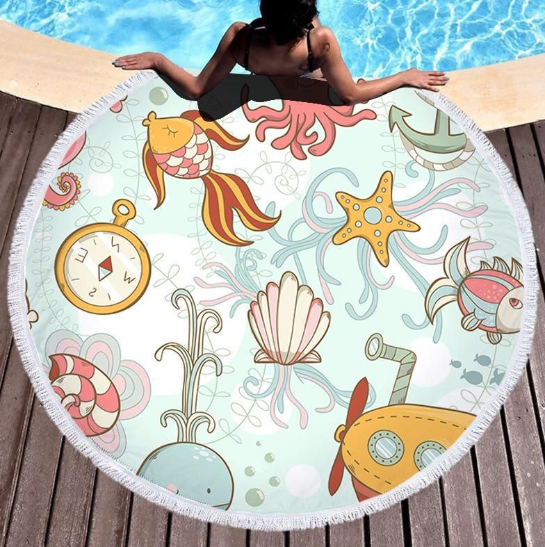 Marine Fish Shell Pattern Printed Round Beach Towel