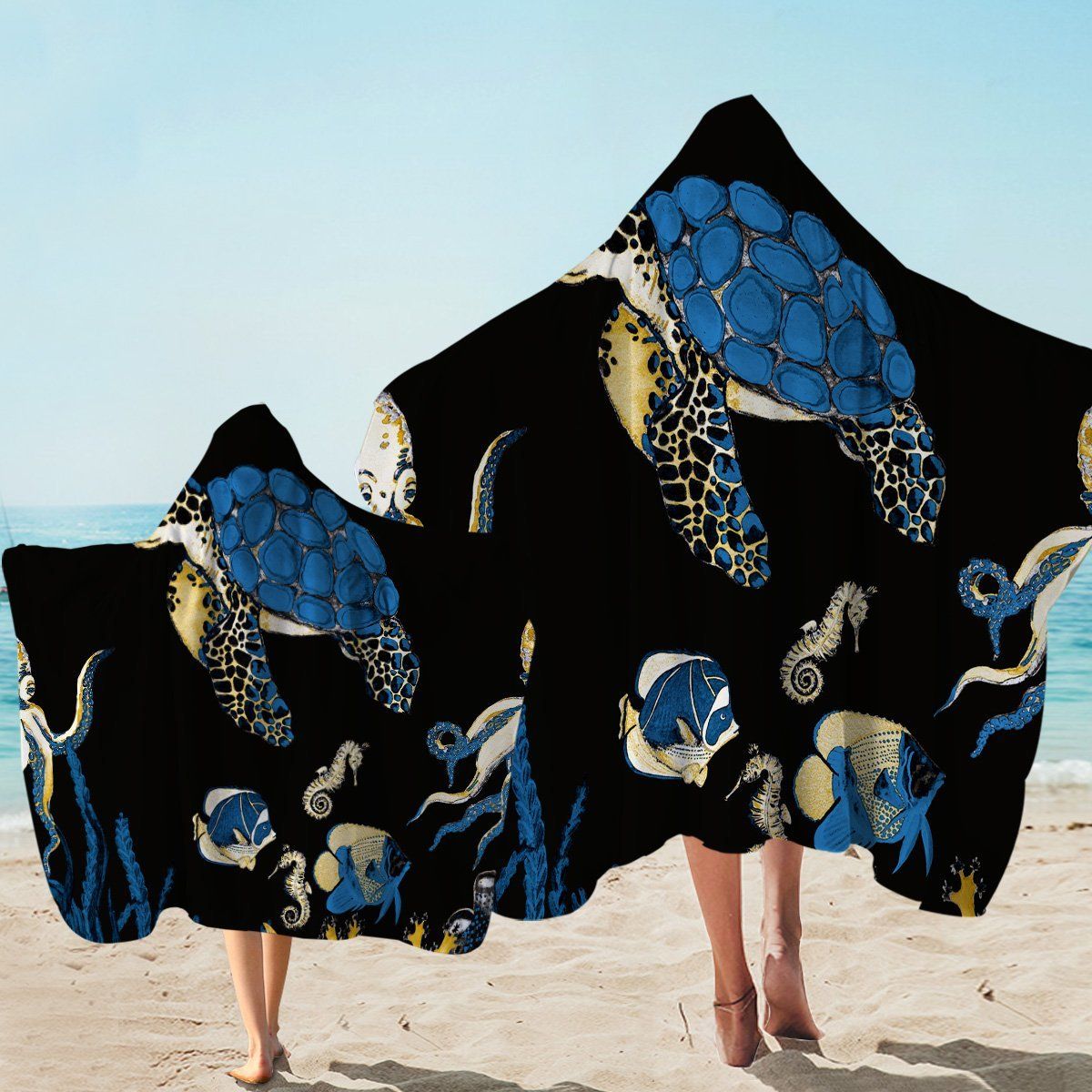 Marine Life Seabed On Black Printed Hooded Towel