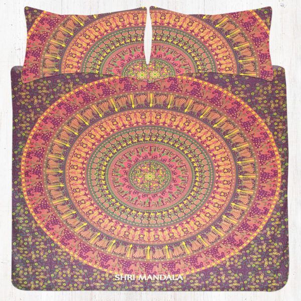 Maroon Base Yellow Floral Lady Elephant Mandala Bedding Set