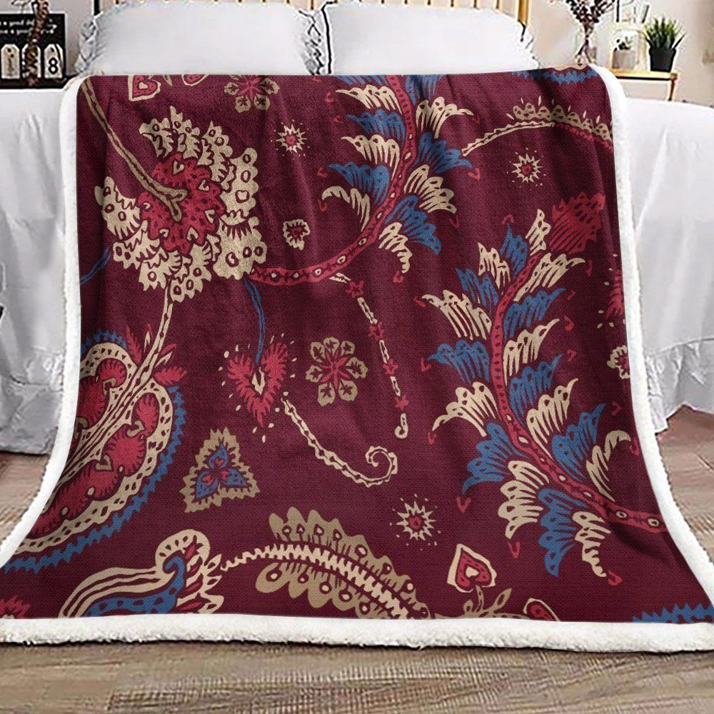 Maroon Vintage Bohemian Floral Sherpa Fleece Blanket