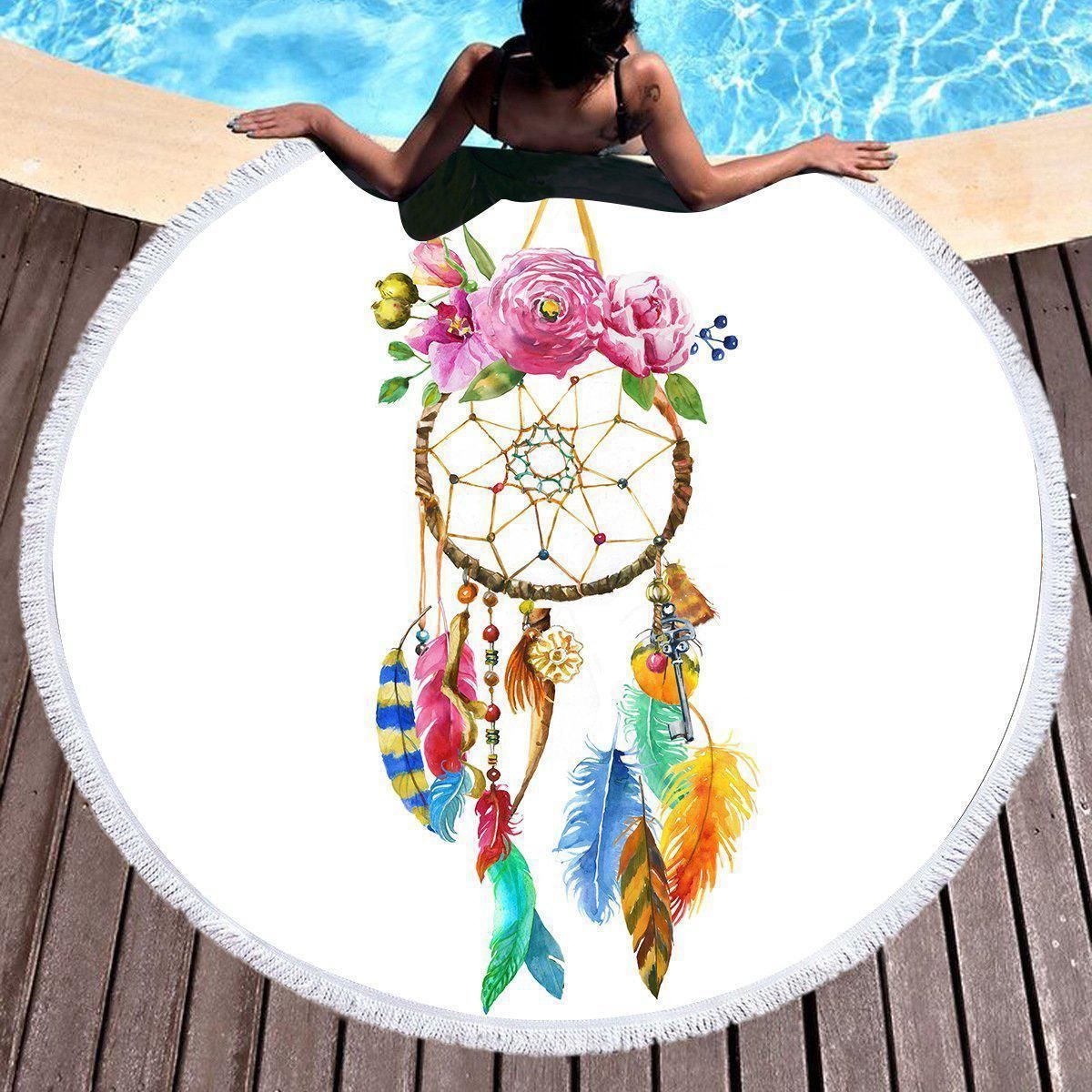 Maui Beach Dreamcatcher With Colorful Feather Printed Round Beach Towel