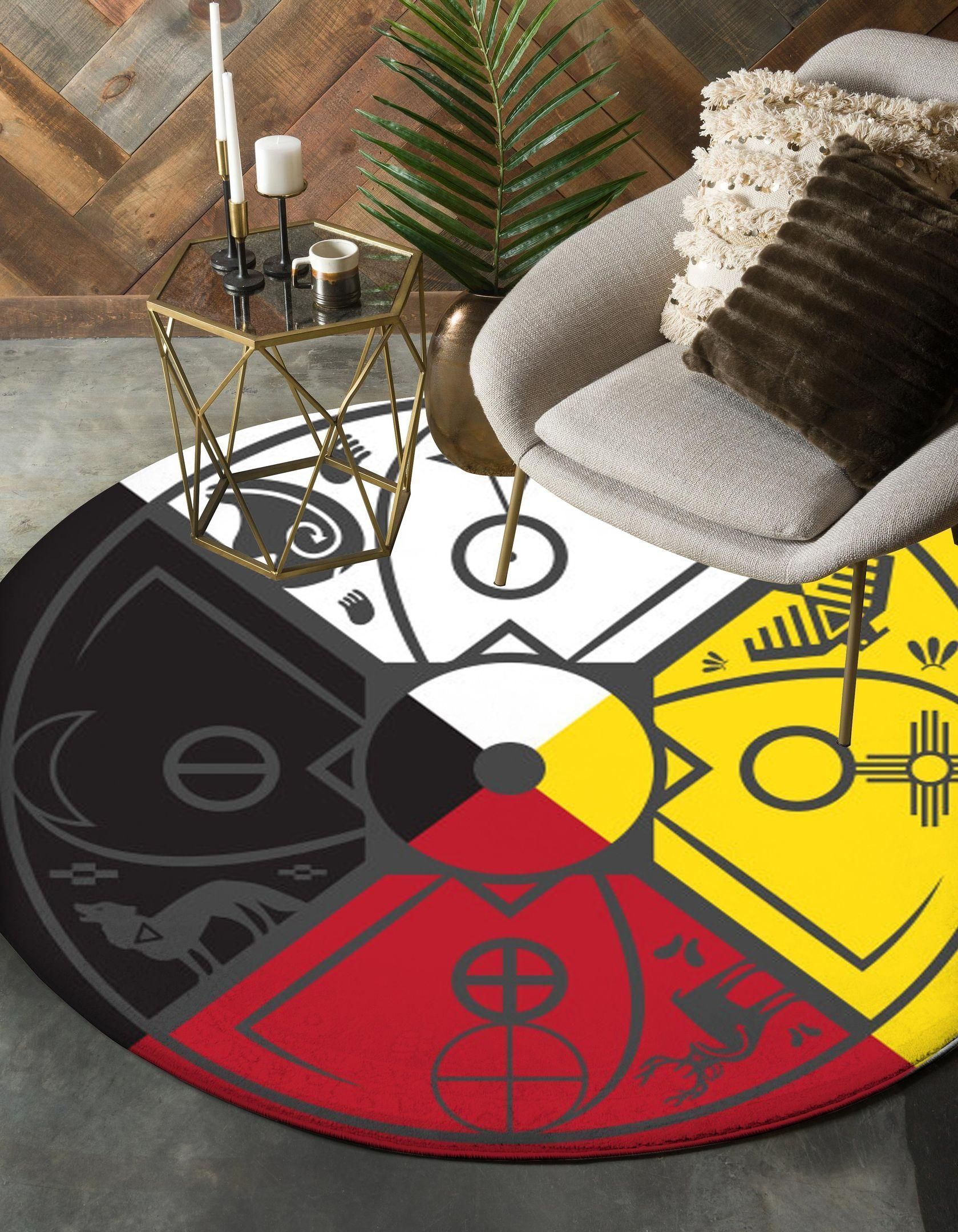 Medicine Wheel Yin Yang Wolf Native Round Carpet