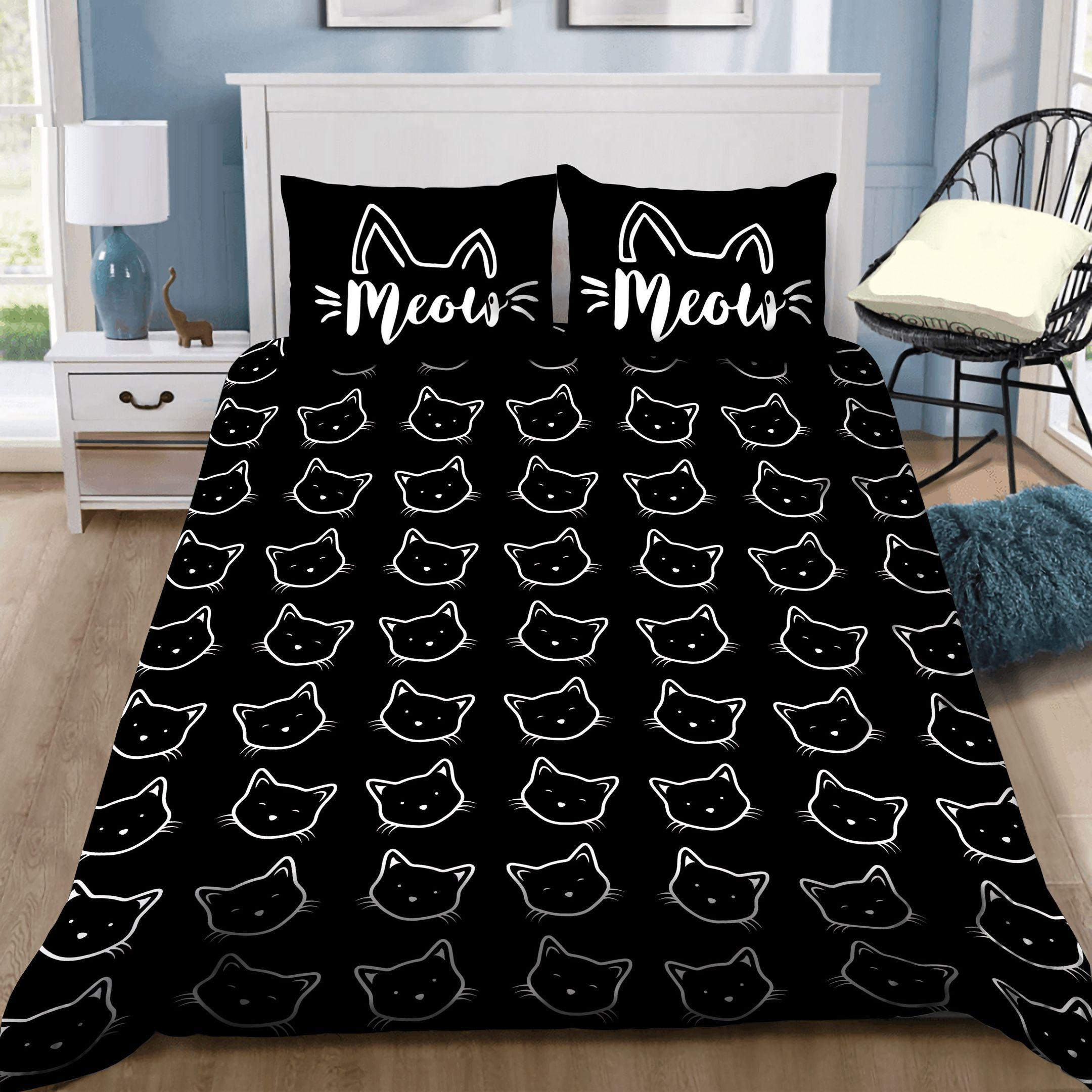 Meow Cute Black White Cat Lover Bedding Set