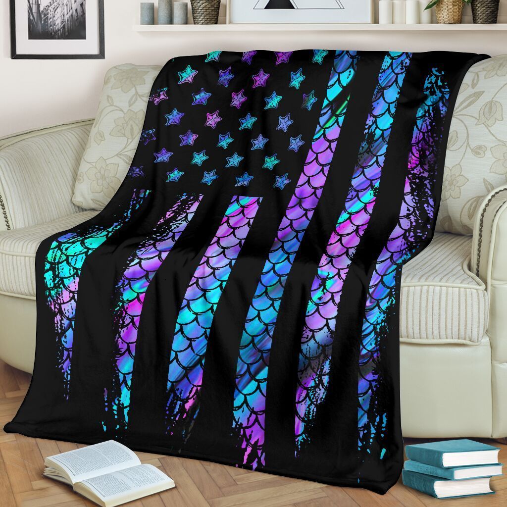 Mermaid American Flag Printed Fleece Blanket