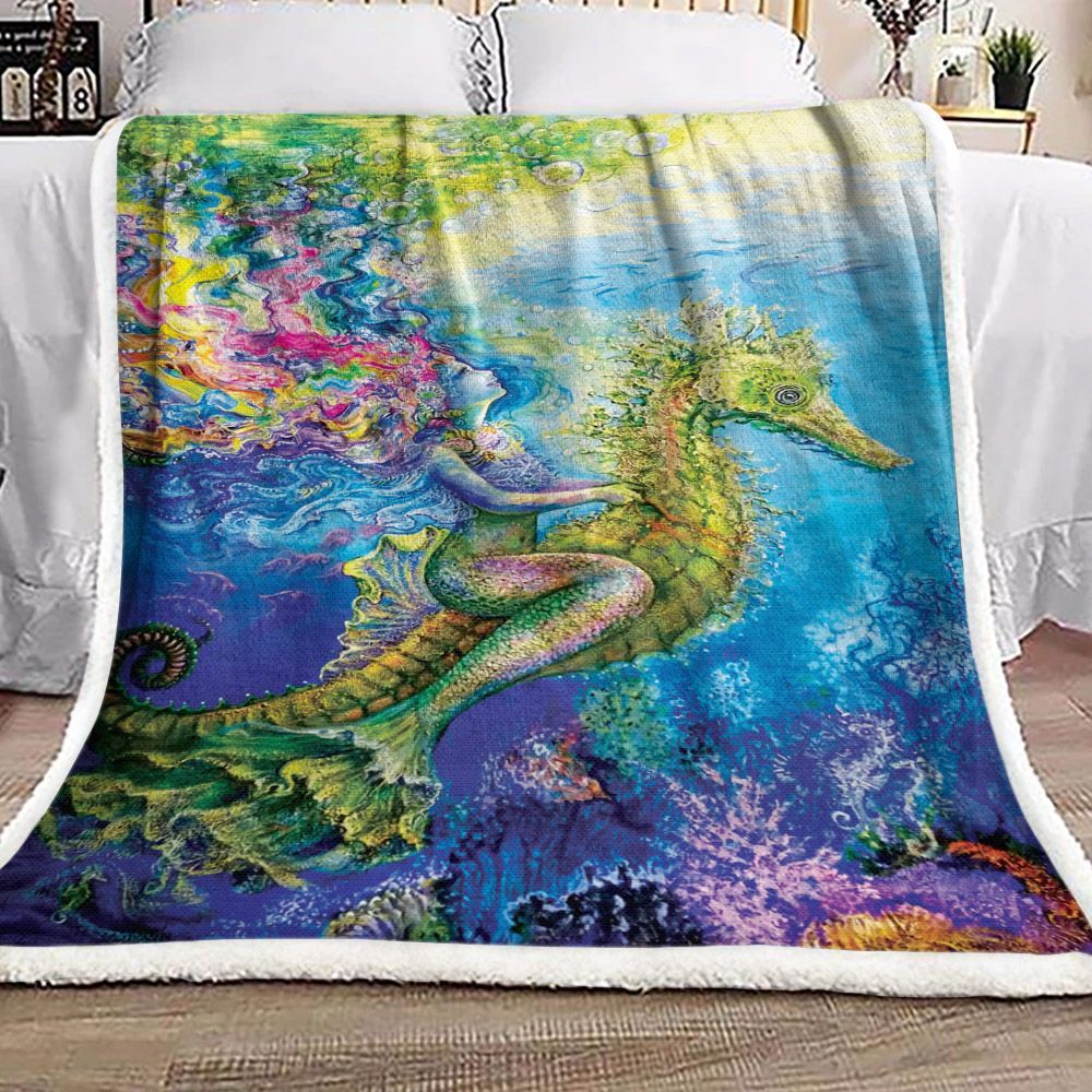 Mermaid And Seahorse Sherpa Fleece Blanket