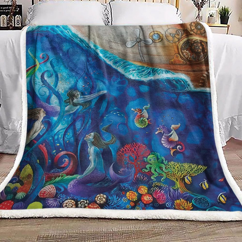 Mermaid And The Ship Sherpa Fleece Blanket