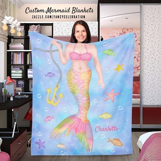 Mermaid Body And Underwater Fish Sherpa Fleece Blanket