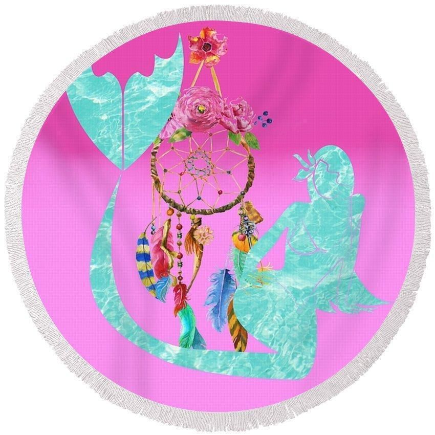 Mermaid Dreaming Pink Pattern Printed Round Beach Towel
