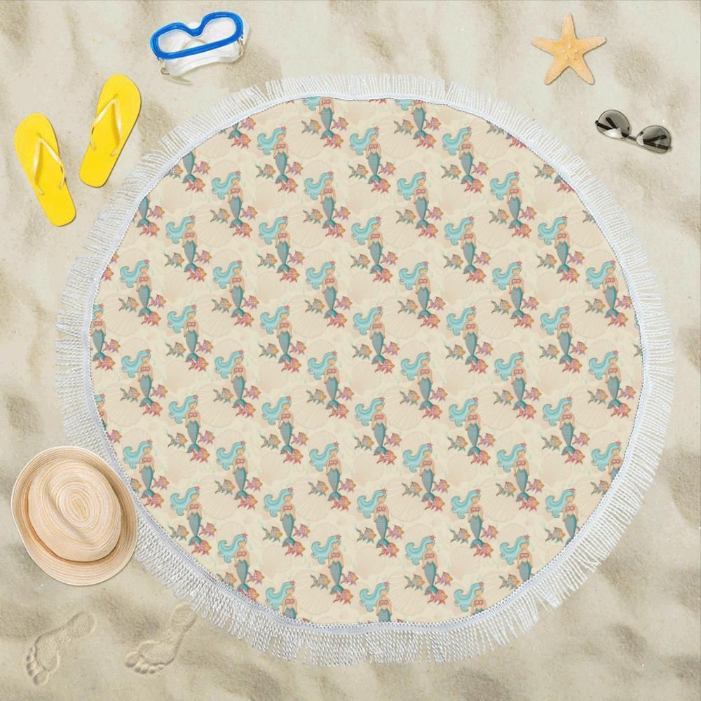 Mermaid Girl With Fish Design Printed Round Beach Towel