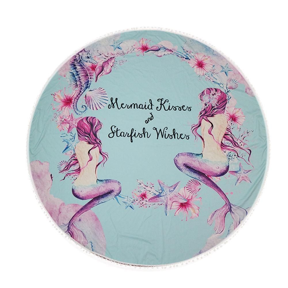 Mermaid Kisses And Starfish Wishes Blue Round Beach Towel