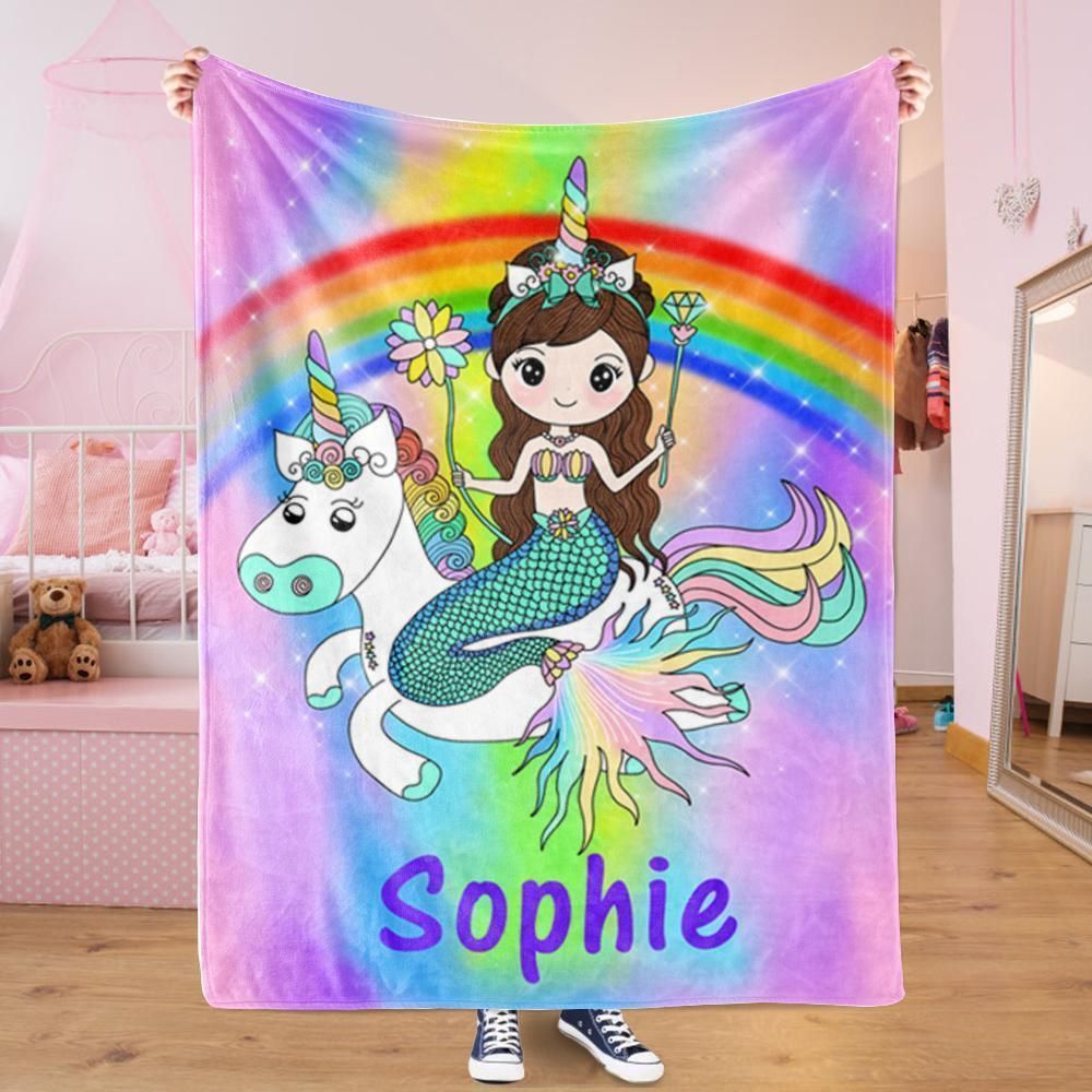 Mermaid & Rainbow Unicorn Cozy Gift For Kids Custom Name Fleece Blanket