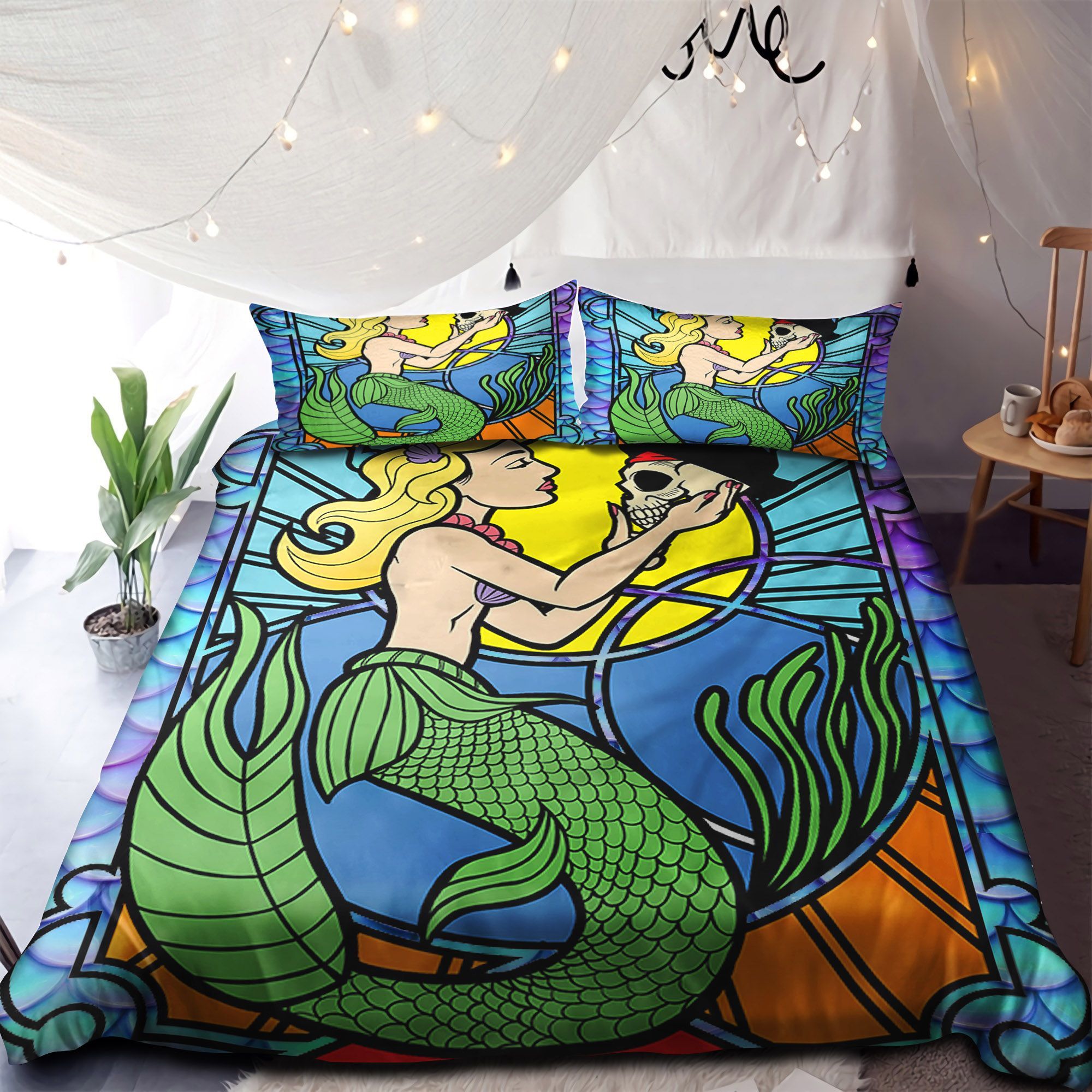 Mermaid With Pirate Skull Bedding Set