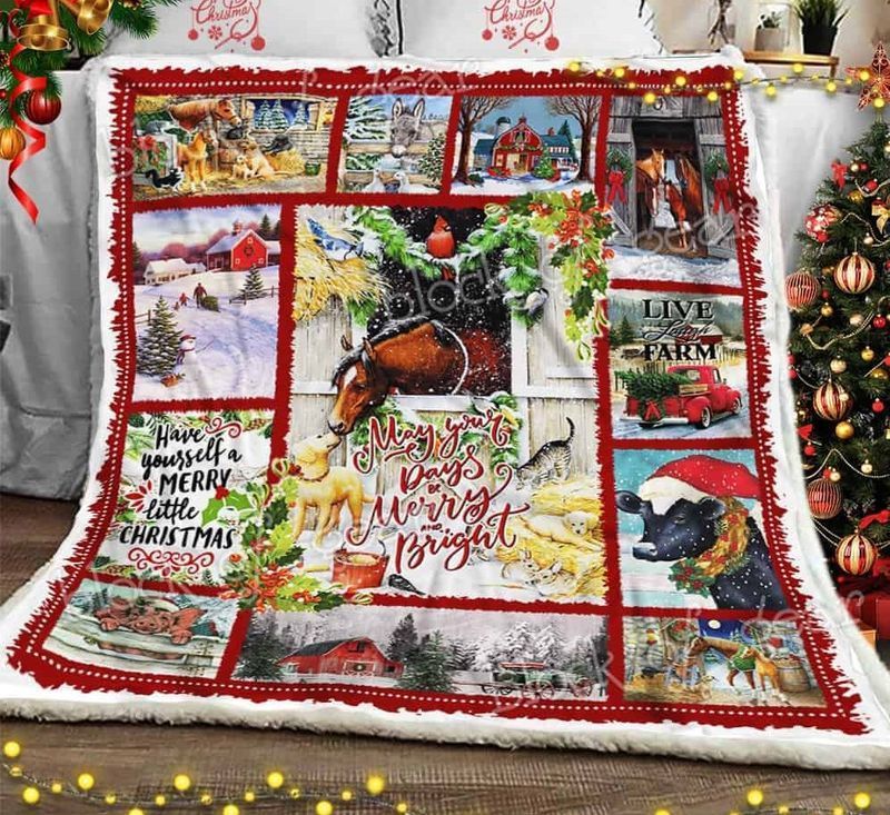 Merry Christmas Farm Sherpa Fleece Blanket