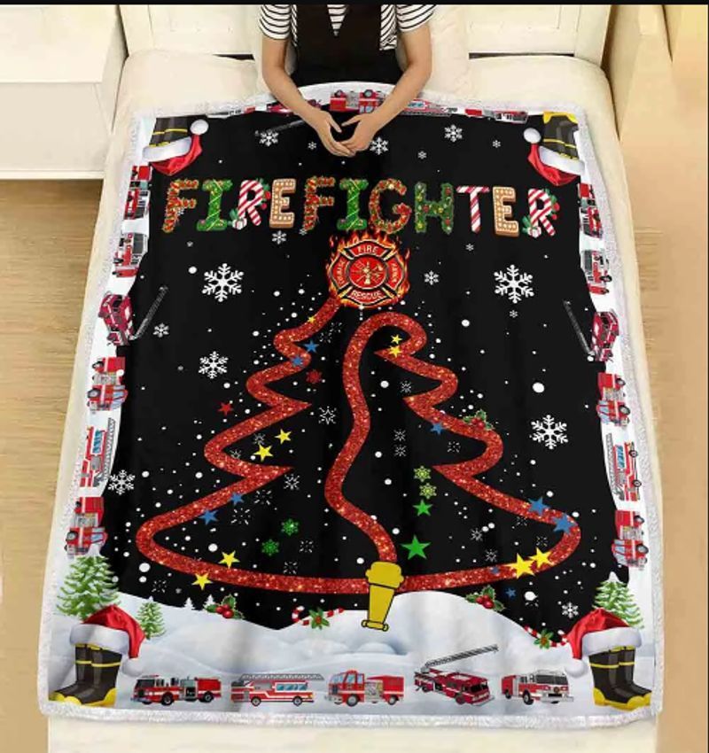 Merry Christmas Firefighter Sherpa Fleece Blanket