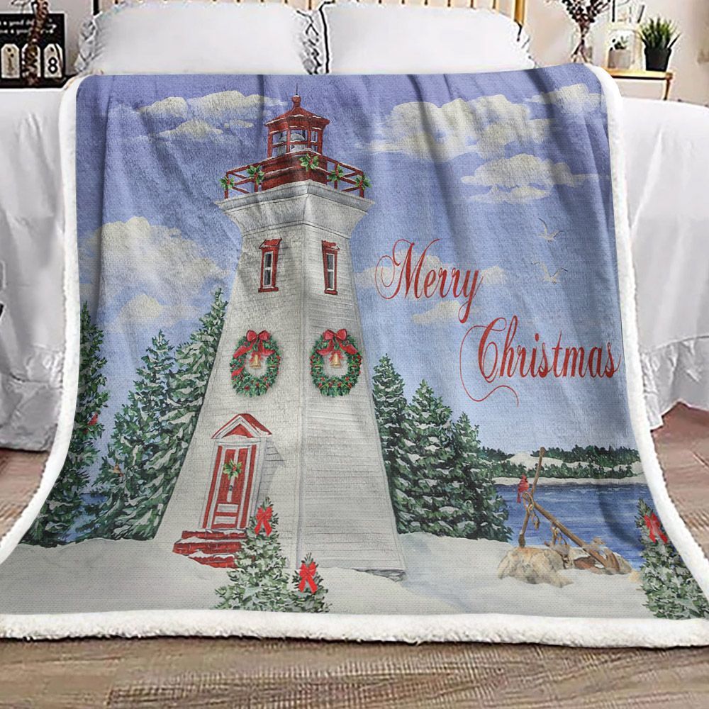 Merry Christmas Lighthouse Sherpa Fleece Blanket