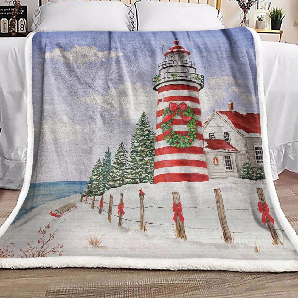 Merry Christmas Lighthouse Sherpa Fleece Blanket