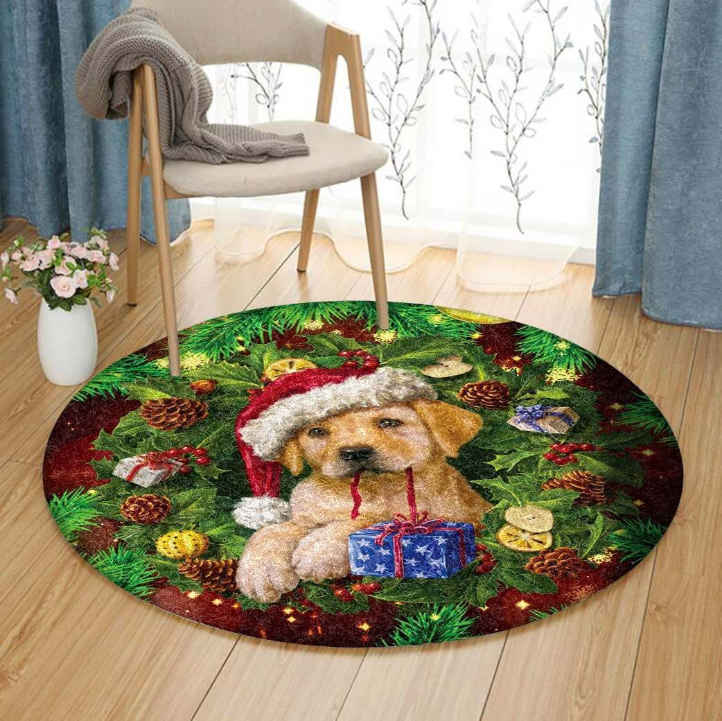 Merry Christmas Puppy Round Carpet
