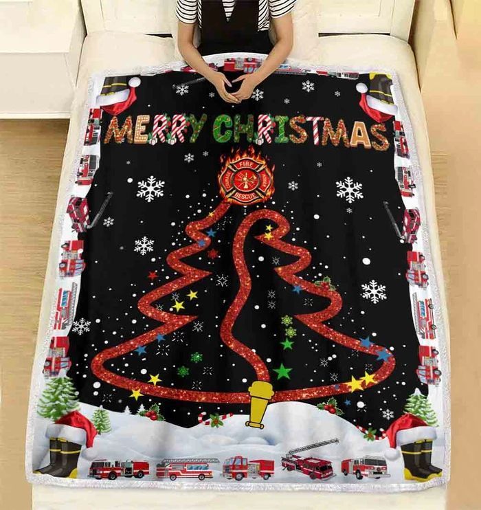 Merry Christmas Tree Firefighter Sherpa Fleece Blanket