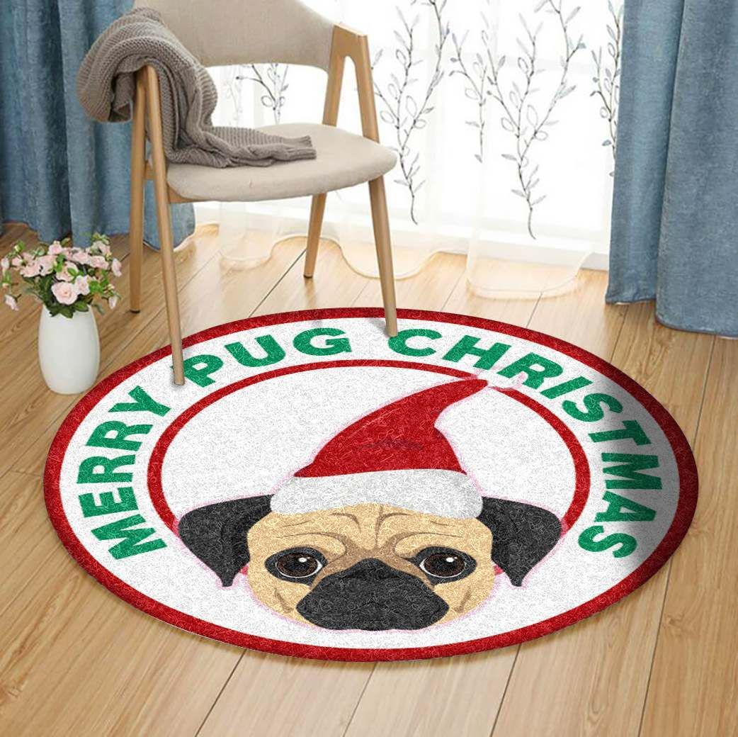 Merry Pug Christmas Round Carpet