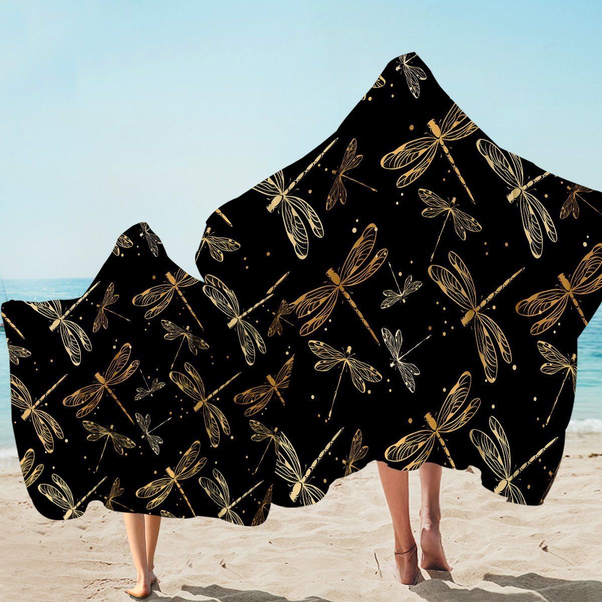 Metallic Dragonflies Black Printed Hooded Towel