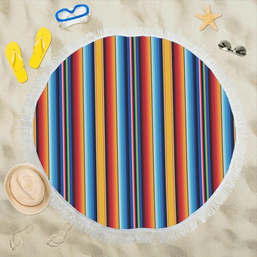Mexican Blanket Stripe Pattern All Over Printed Round Beach Towel