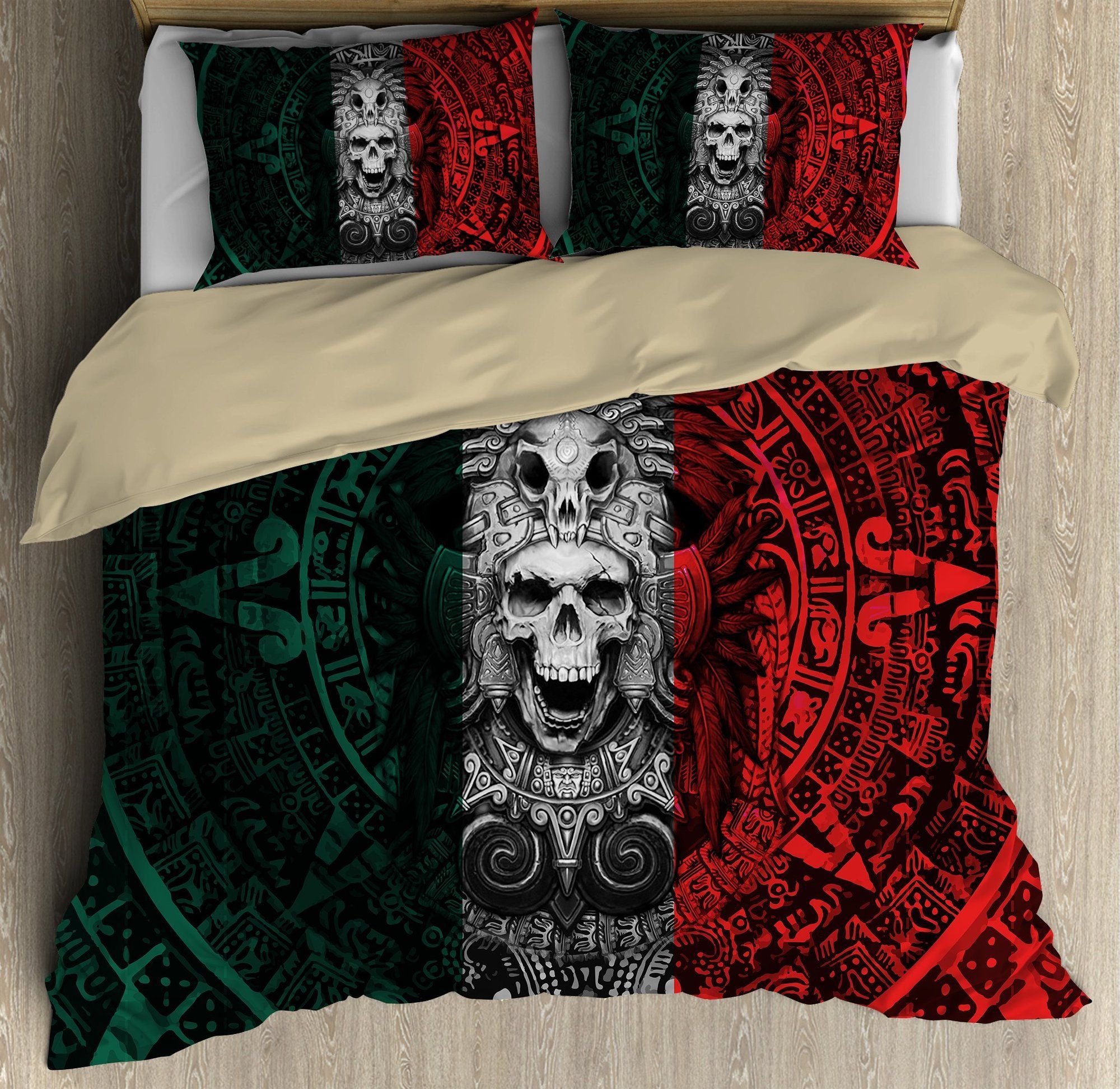 Mexico Aztec Skull Green And Red Bedding Set