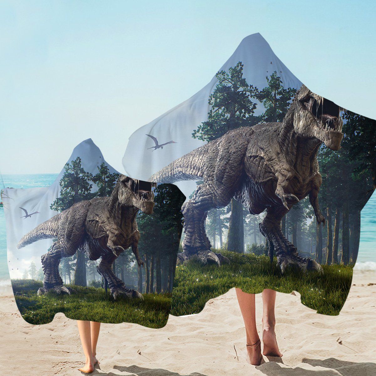 Mighty T-rex In Forest Printed Hooded Towel