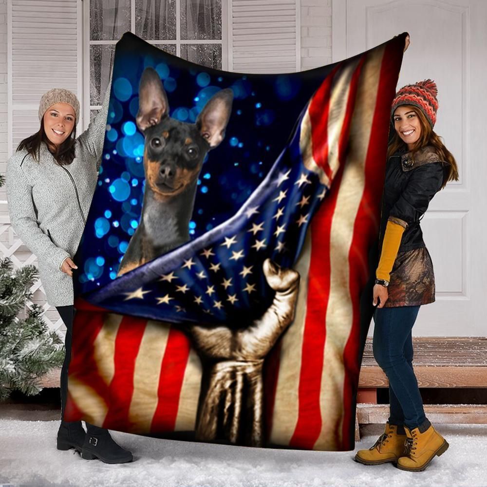 Miniature Pinscher Dog American Flag Sherpa Fleece Blanket