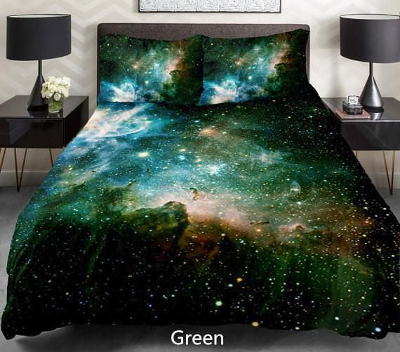 Mint Green And Lime Green Combined Galaxy Bedding Set