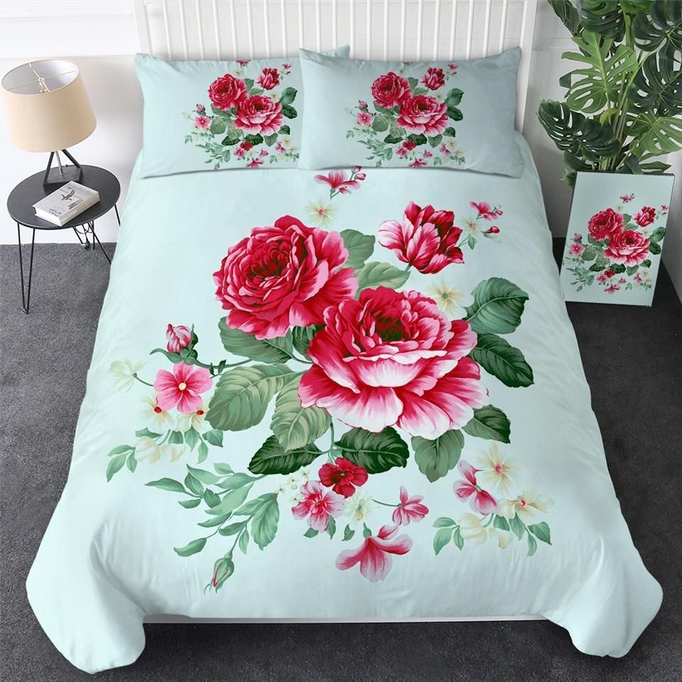 Mint Green Pink Roses Bedding Set