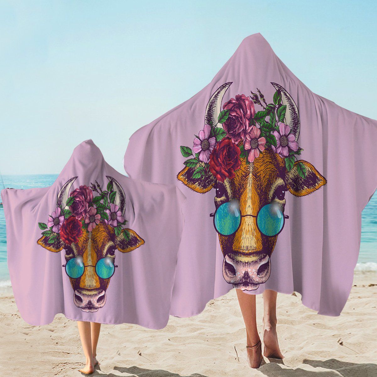 Miss Moo Pink Background Printed Hooded Towel