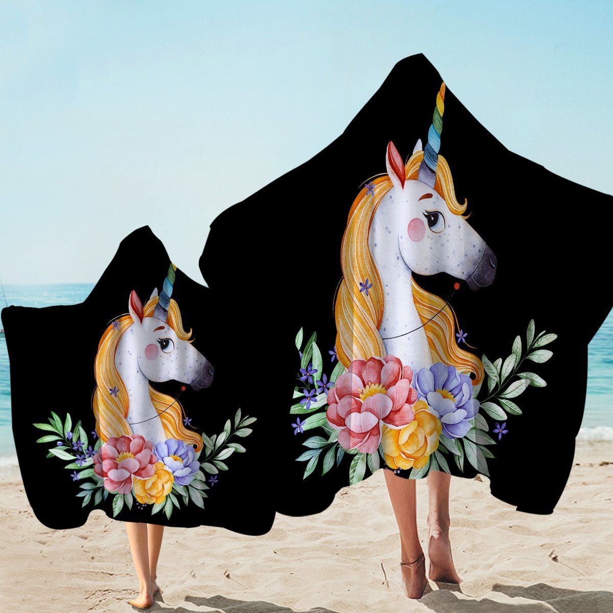 Miss Unicorn Flowers On Black Printed Hooded Towel