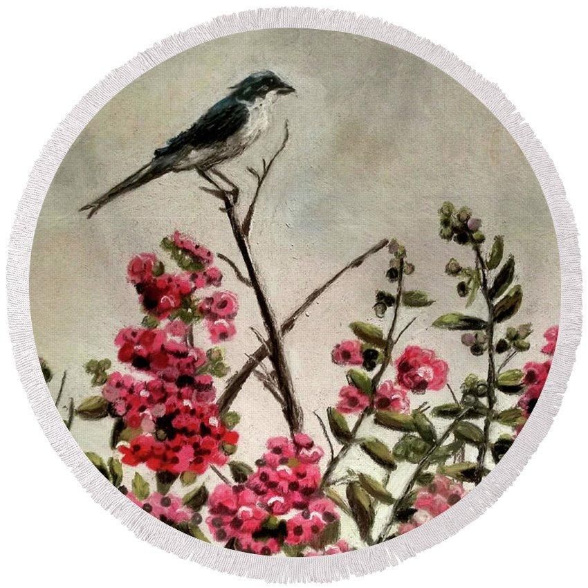 Mockingbird And Crepe Myrtle Printed Round Beach Towel
