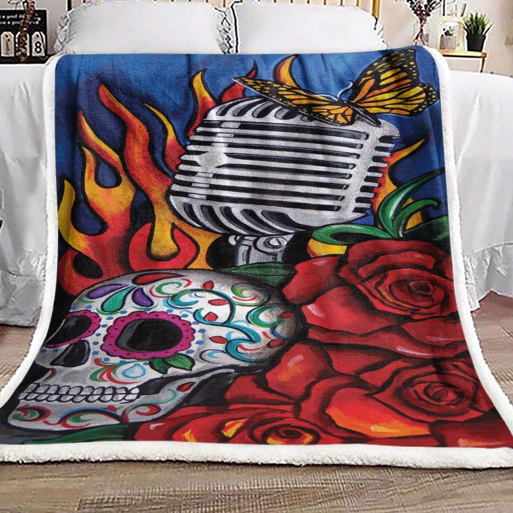 Monarch Music Butterfly Skull And Rose Sherpa Fleece Blanket