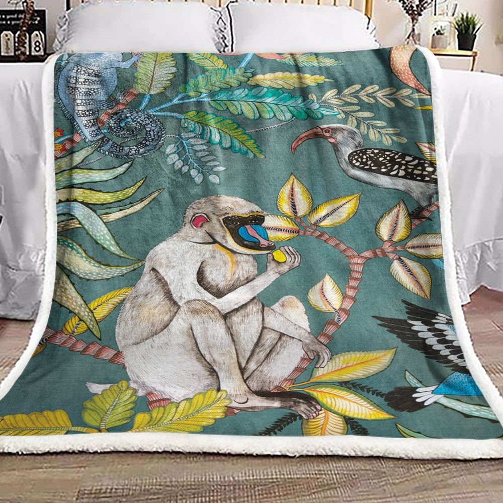 Monkey Bird Tree Sherpa Fleece Blanket
