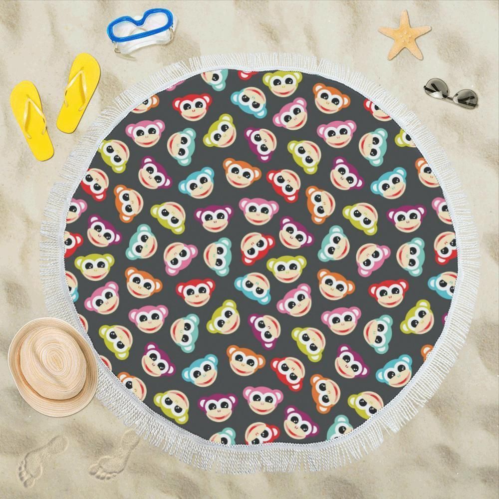 Monkey Head Design Themed Print Round Beach Towel