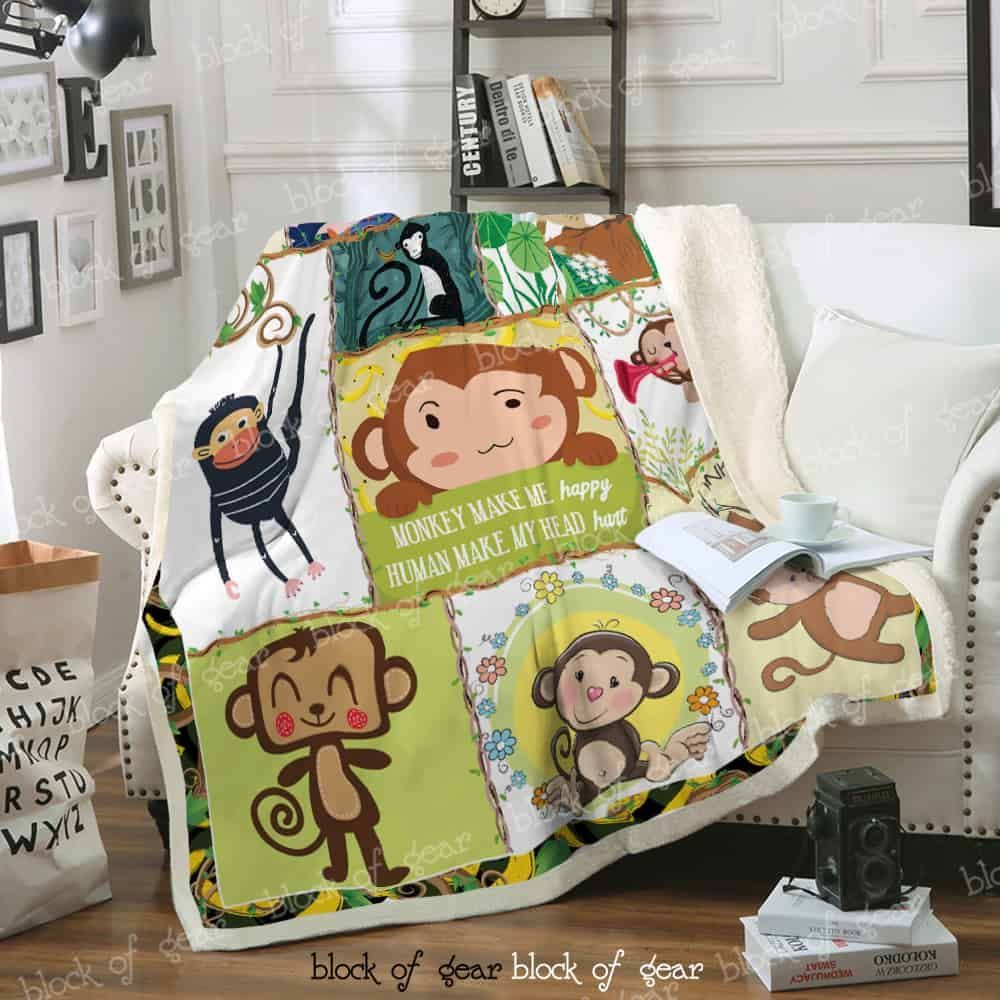 Monkey Make Me Happy Human Make My Head Hurt Fleece Blanket