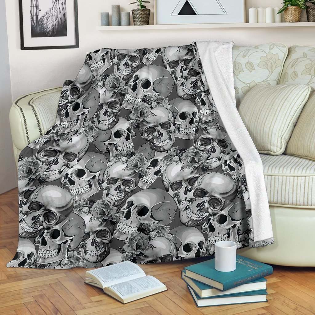 Monochrome Skull Flowers Sherpa Fleece Blanket