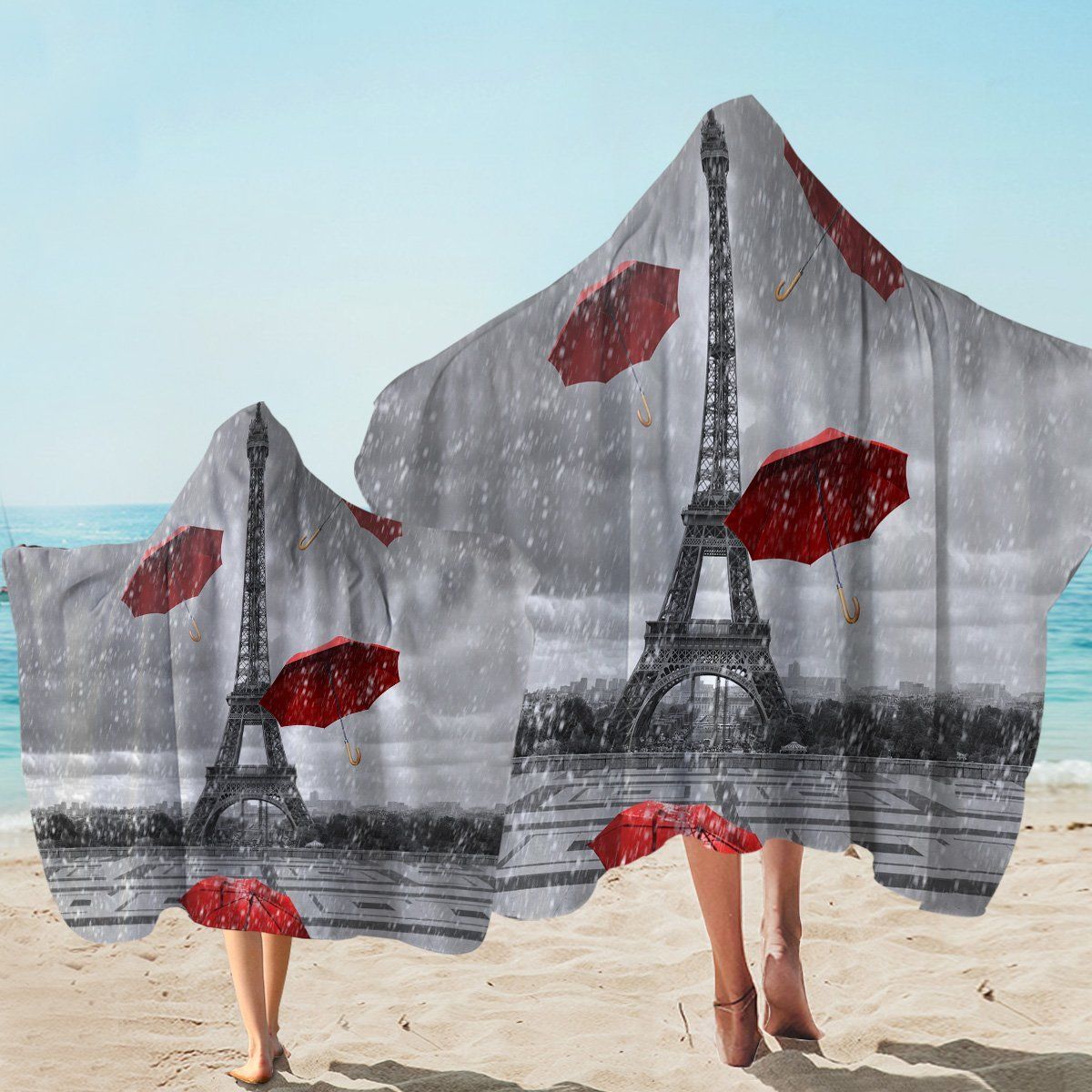 Moody Eiffel Red Umbrella Printed Hooded Towel