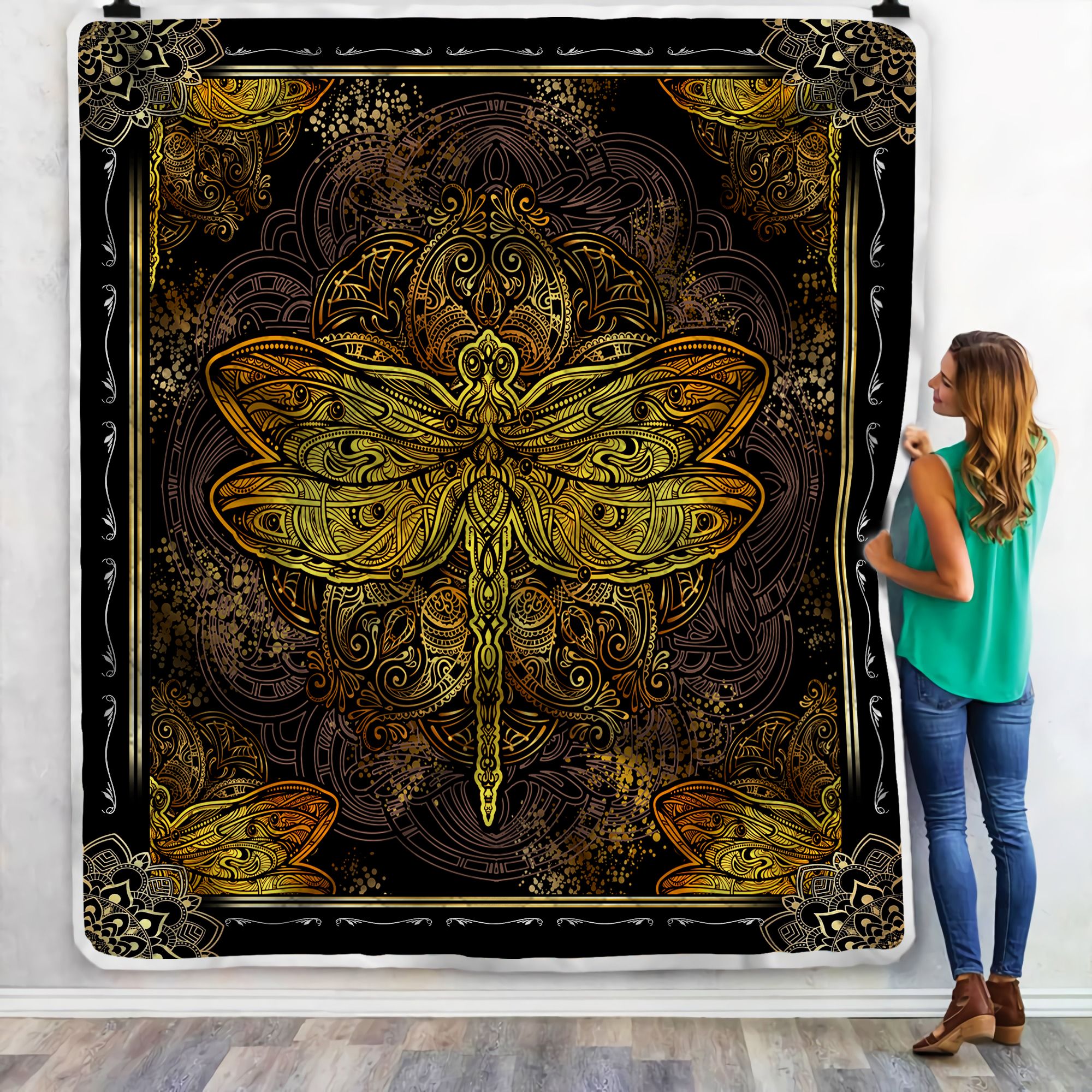 Moon And Dragonfly Mandala Fleece Blanket
