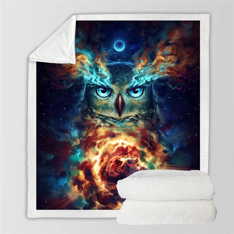 Moon And Universe Owl Sherpa Fleece Blanket